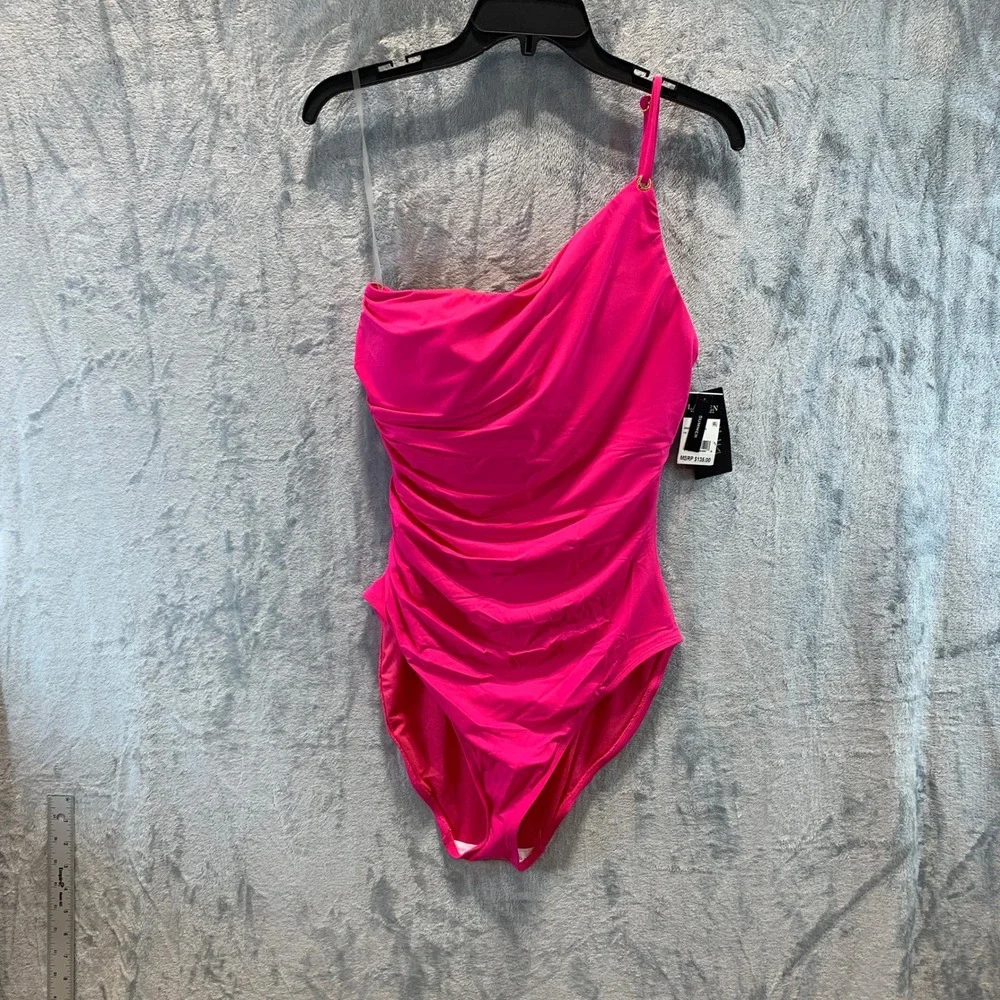 Lauren Ralph Lauren Pink One-Shoulder Ruched One-Piece Swimsuit 14 20201004